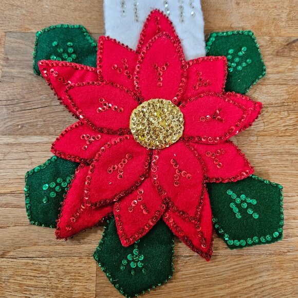 Vintage Christmas Bucilla Style Sequin Felt Wall Hanging Candle Poinsetta Flower - Picture 3 of 6